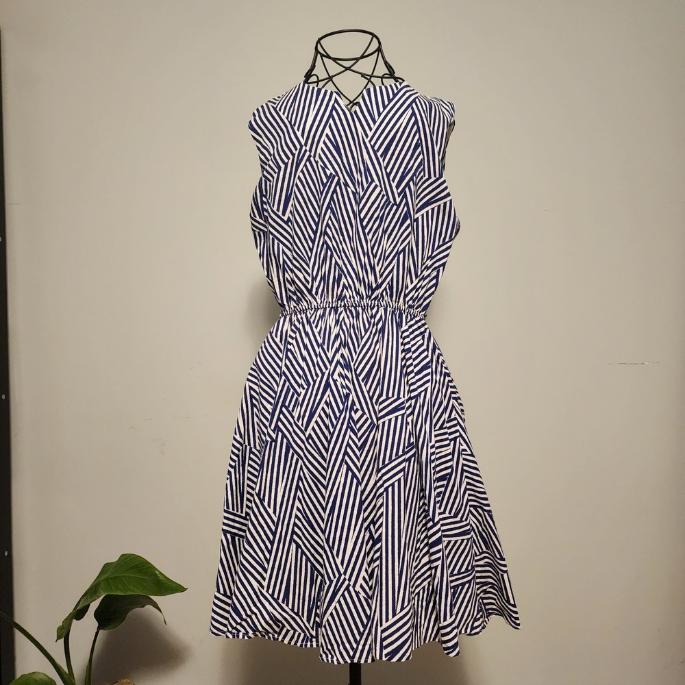 PIT Geometric Abstract Stripe Navy Blue White Fit Flare Dress Size Small